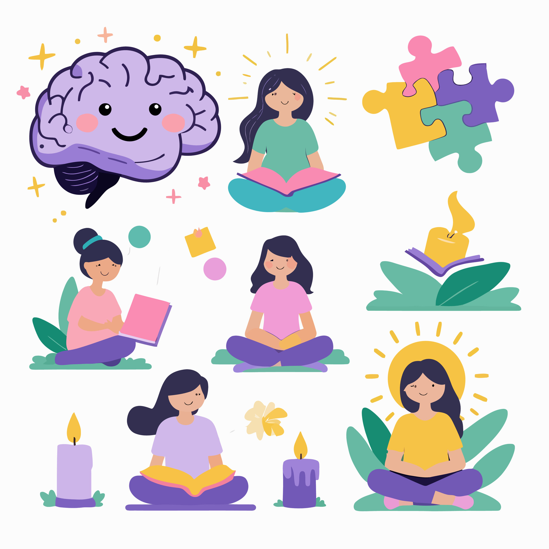 Mindfulness meditation concept with cartoon woman, brain, book, and candle. Meditation Vectors by Vecteezy
